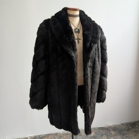 Vintage Black Faux Fur Coat Fur Trim Jacket Mob Wife Minimalist Goth Chic Medium - Picture 8 of 12